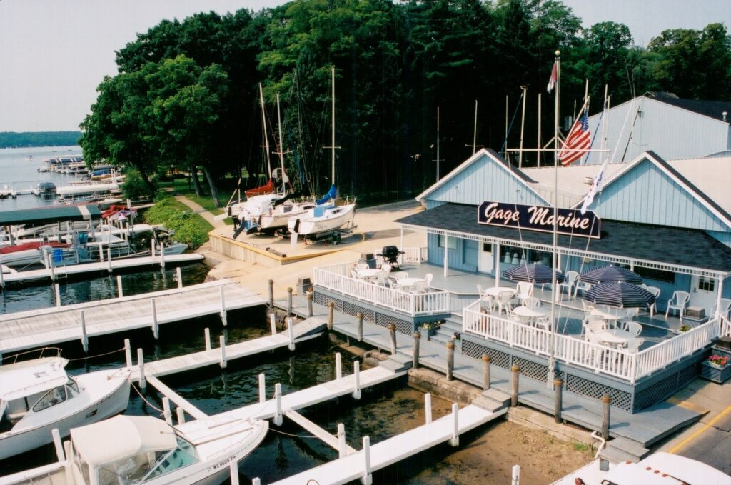 boat dock in front of gage marine building